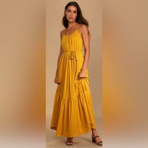 Collecting Moments Mustard Yellow Striped Tiered Maxi Dress